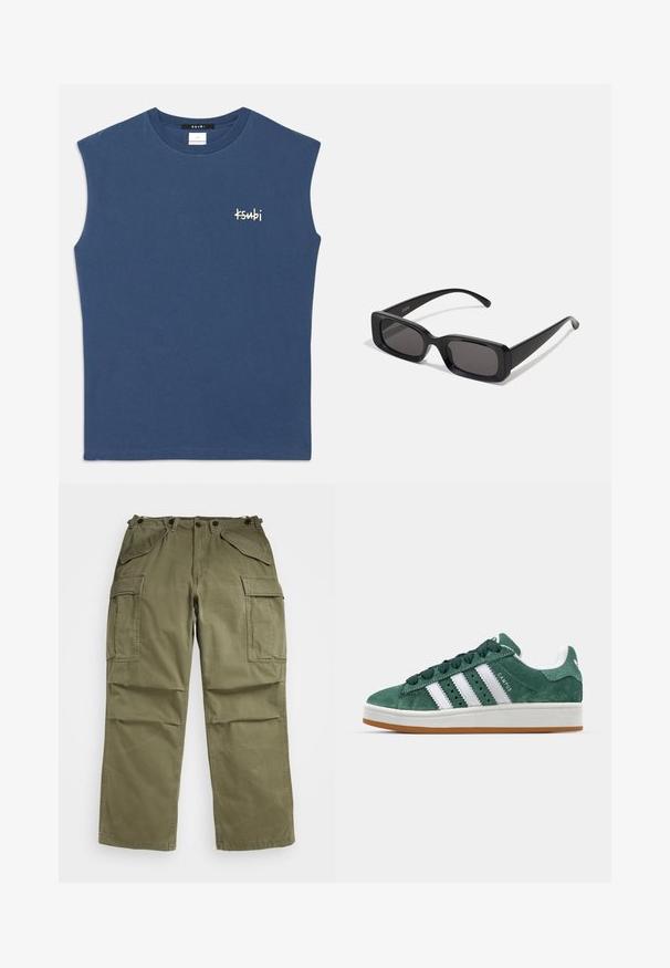 Sininen hihaton puuvillapaita, jossa on pyöreä kaula-aukko. Rinnassa on pieni valkoinen "Ksubi"-logo. Sujuva pinta, rento leikkaus.; Oliivinvihreät cargo-housut, jotka on valmistettu tekstuuristetusta kankaasta. Niissä on useita etu- ja sivutaskuja sekä vahvistetut saumat.; Vihreät samettiset lenkkarit, joissa on valkoiset nahkakaistat, kumipohja, pehmustettu kaulus ja minimalistinen muotoilu. Sivulla on brändäys.; Mustat suorakaiteen muotoiset aurinkolasit, joissa tummat linssit, kiiltävä pinta, leveät sangan varret ja massiivinen kehysmuotoilu. Yhden sangansivun kaiverrettu brändinimi.