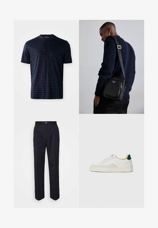 Mørkeblå kortermet t-skjorte laget av teksturert stoff, med et hevet skriftmønster og rund hals.; Svart skreddersydde bukser med rett ben-design, laget av glatt stoff, med en frontlukkeknapp og to sidelommer.; Hvit sneakers med semsket detaljer, rund tå, flate snøringer og en kremfarget gummisåle. Har grønn merking på hælen.; Svart lær crossbody-veske med en glidelåslomme, logo-detalj og justerbar rem med merke. Båret mot en teksturert marineblå genser.