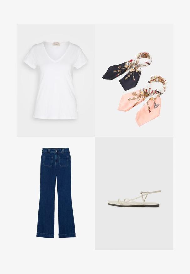 Valkoinen, lyhythihainen V-pääntie t-paita, joka on valmistettu kevyestä kankaasta. Paidassa on hienovarainen tekstuuri ja pieni logotieto helmassa.; Tummansiniset farkuista valmistetut leveälahkeiset housut, joissa on sileä pinta, viisi taskua ja napillinen kiinnitys vyötäröllä.; Beige litte sandaalit, joissa on useita hoikkia hihnoja ja säädettävä solki. Pohja on litteä, ja reunassa on kevyt tumma kontrasti.; Anna Field 2 PACK - Fulardi - dark blue/pink; Musta nahkainen olkalaukku, jossa on sileä pinta, ryhdikäs muoto, kaksi kahvaa ja silmienpistävä hopeinen solkiyksityiskohta edessä.