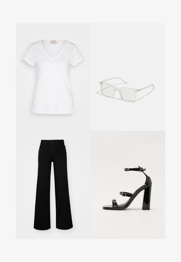 Bela, kratka majica z V-izrezom iz lahkega materiala, z diskretno teksturo in majhnim logotipom na robu.; Črne široke denim hlače s strukturiranim pasom, z zankami za pas in sprednjimi žepi. Gladka tekstura s klasičnim dizajnom.; Črne lakirane sandale s peto, kvadratnim prstom, trakovi okrog gležnja in srebrnimi zaponkami. Opremljene so s stabilno Debelo peto.; Prozorne kvadratne plastične očala s prozornimi lečami, ki imajo zlato dekoracijo na ročajih za dodaten pridih podrobnosti.; Črna usnjena torbica s ukrivljeno obliko, z odstranljivo naramnico in zlatimi dodatki. Torbica ima pokrov s podrobnostmi v obliki zaponke.