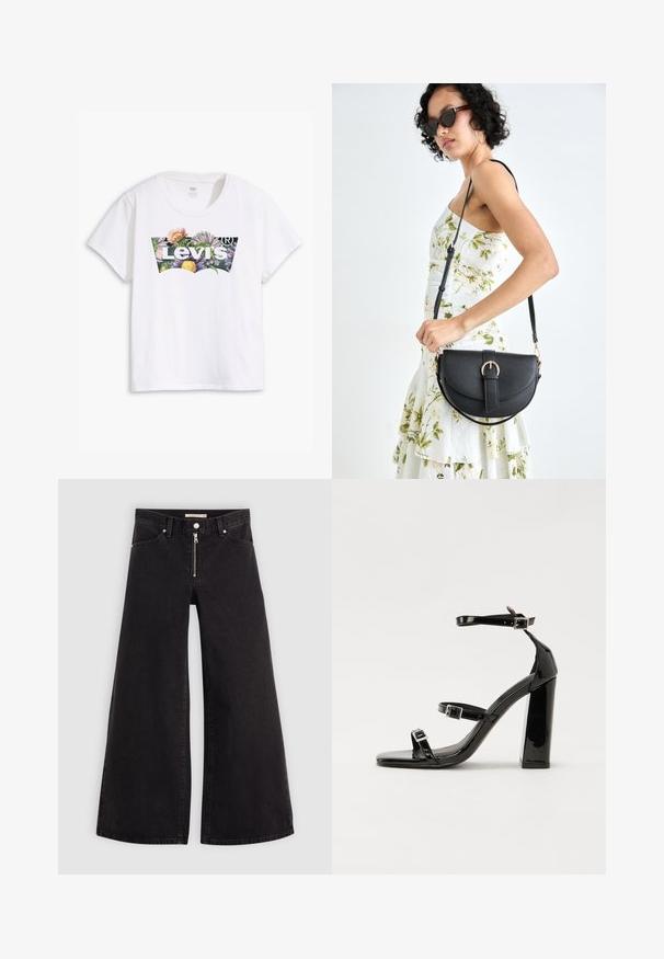 Levi's® Plus PERFECT TEE - T-shirts med print - bright white; Vide benbukser i sort denim med glidelås i front, fem-lomme design og subtile sømdetaljer. Glatt tekstur og avslappet stil.; Svart høyglans sandaler med hæl, firkantet tå, ankelremmer og sølvspenner. Har en kraftig blokkhæl for stabilitet.; Svart lærveske med en buet form, avtagbar stropp og gullbeslag. Vesken har et klaff med spenne-detall.
