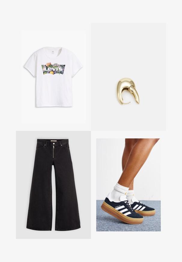 Levi's® Plus PERFECT TEE - Print T-shirt - bright white; Wide-leg jeans in black denim with a zippered front, five-pocket design, and subtle stitching details. Smooth texture and casual style.; Black suede sneakers with white stripes and accents, rounded toe, gum rubber outsole, paired with white ribbed crew socks.; Gold-tone metal earring with a sleek, curved design. Features a distinctive pointed shape, polished surface, and hinge closure.