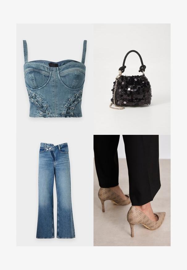 Denim cropped bustier with blue hue, featuring adjustable straps, structured cups, and side eyelet lacing detail with woven accents.; Light blue denim flared jeans with a high waist, featuring two buttons and front pockets. Fabric has a faded texture with subtle variations.; Beige high-heeled shoes with a textured fabric featuring a repeating pattern. Pointed toe design with a back accent and gold heel detail.; Black sequin mini handbag with a knotted textured strap and silver chain. Rounded shape with gathered top and reflective detailing.