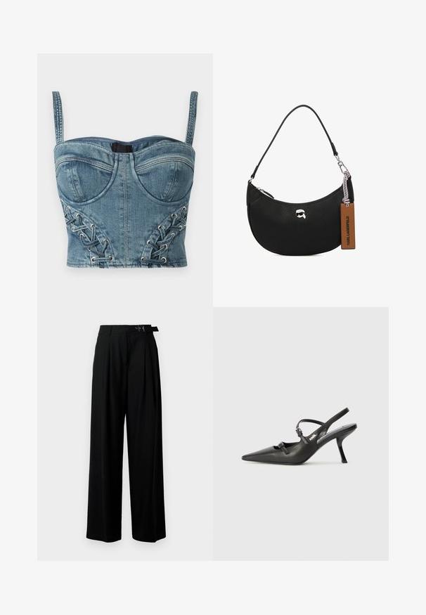 Bustier din denim scurt, de nuanță albastră, având bretele reglabile, cupe structurate și detalii de dantelă laterală cu accente țesute.; Pantaloni negri cu croi larg, talie înaltă, pliuri în față și un b μέρος cu cataramă. Confecționați dintr-un material neted și ușor.; Pantofi cu toc slingback din piele neagră, cu vârful ascuțit, toc subțire și detaliu decorativ cu cataramă pe partea din față. Textură netedă și design elegant.; Geantă de mână din piele neagră cu o textură granuloasă, formă curbată, închidere cu fermoar pe partea de sus, accesorii din metal argintiu și o etichetă maro. Prezintă un accent cu logo.