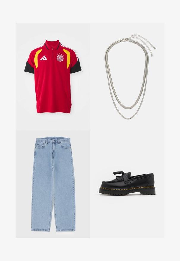 Rode polo-shirt met korte mouwen, zwarte accenten, gele en witte strepen, Adidas-logo, nationaal teamembleem en een ontwerp met vier sterren boven het embleem.; Lichtblauwe denim jeans met een recht model, voorzien van een middelhoge taille, vijf zakken en een knoop- en ritssluiting.; Zwarte leren loafers met een franjesaccent, voorzien van een dikke zwarte zool en gele stiksels langs de rand. Gevoelige afwerking.; Driedelige zilveren metalen halsketting met slanke, flexibele kettingen met een lichte glans, beveiligd met een karabijnhaak en een verstelbare ketting.