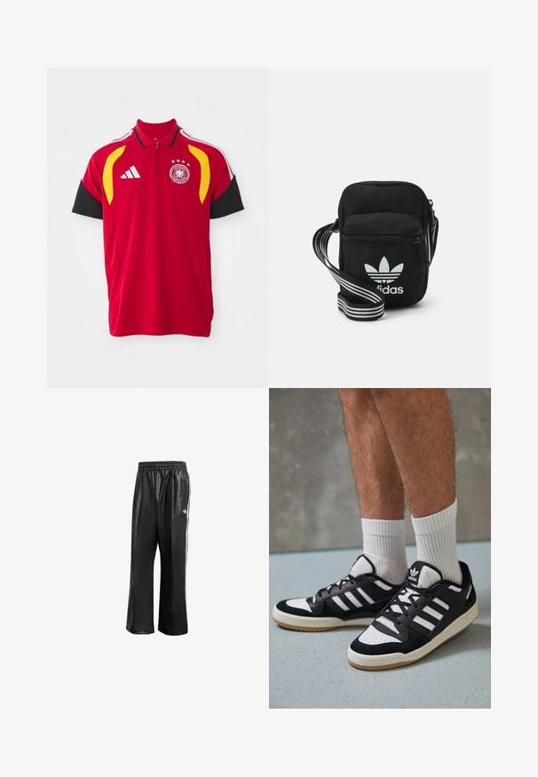 Paita polo punane kısa kollarla, siyah detaylar, sarı ve beyaz çubuklar, Adidas logosu, milli takım arması ve amblem üzerindeki dört yıldız tasarımı.; Mustat synteettiset juoksuhousut, joissa on joustava vyötärö, valkoiset sivusuunnassa olevat raidat ja pieni valkoinen logo vasemmassa lantiossa.; Valkoiset ja mustat tennarit, joissa on mokkanahka- ja nahkapäällinen, kolme valkoista raitaa, rei'itetty kärki ja kumipohja.; Musta kangas olkalaukku vetoketjulla, jossa on valkoinen Adidas-logo ja raidallinen säädettävä hihna helppoa kantamista varten.