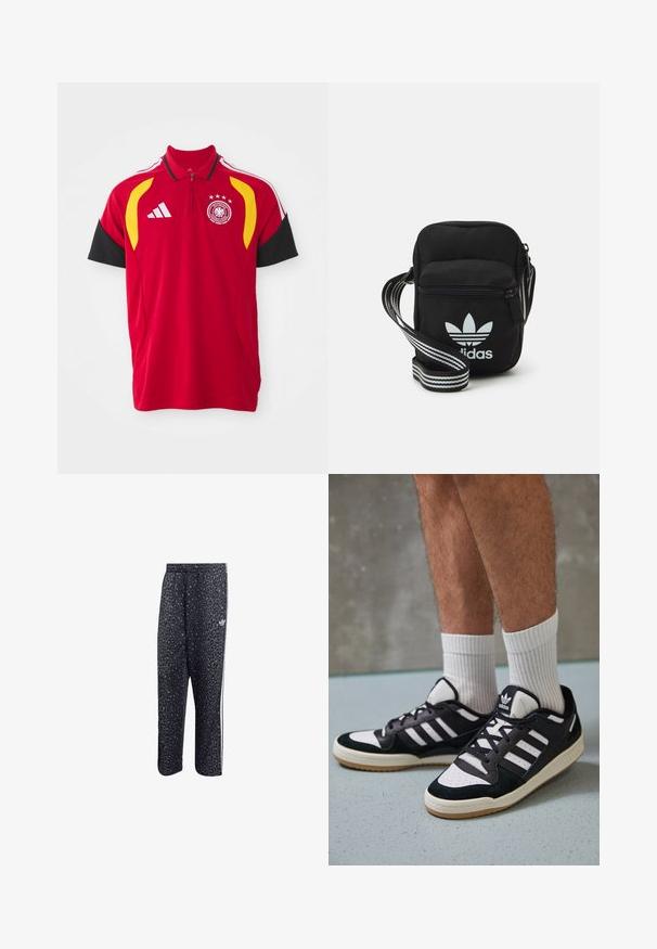 Camisa polo roja de manga corta, con detalles en negro, rayas amarillas y blancas, logo de Adidas, escudo del equipo nacional y un diseño de cuatro estrellas sobre el emblema.; Pantalones deportivos negros con un patrón de leopardo, con un diseño de tres rayas blancas y un logo de marca deportiva en el lateral.; Zapatillas en blanco y negro con parte superior de ante y cuero, que presentan tres franjas blancas, una puntera perforada y una suela de goma.; Bolso cruzado de tela negra con cierre de cremallera, que presenta un logo blanco de Adidas y una correa ajustable a rayas para un fácil transporte.