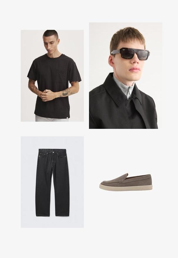 Schwarzes Baumwoll-T-Shirt mit kurzen Ärmeln, Rundhalsausschnitt und Brusttasche. Hat eine lockere Passform und einen rohen Saumdetails.; Schwarze Denim-Jeans im geraden Schnitt mit Knopfverschluss, fünf Taschen und kupferfarbenen Hardware-Elementen. Glatte Textur.; Hellgrauer Slipper aus Wildleder mit einer glatten Textur, ausgestattet mit einer weißen Gummisohle und minimalen Nähten.; Schildpatt-Sonnenbrille mit schwarzen Akzenten und rechteckiger Form. Graue Bügel mit Markenlogo. Getragen mit einem schwarzen Mantel und grauem Rollkragenoberteil.