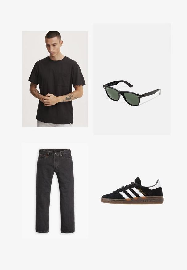 Crna pamučna majica s kratkim rukavima, okruglim izrezom i džepom na prsima. Ima ležeran kroj i sirov rub.; Crne traperice ravnog kroja s pet džepova, zatvaranjem na gumb i bakrenim zakovicama, položene ravno na bijeloj pozadini.; Crni Adidas tenisice s bijelim prugama, zlatnim natpisom "Spezial", gumeni potplat i bijeli oznaka na peti, prikazane u bočnom pogledu.; Crne plastične sunčane naočale s zelenim staklima, kvadratni okviri, srebrni naglasak na obrvi i teksturirane ručke. Naziv brenda naveden na unutrašnjoj strani ručke.