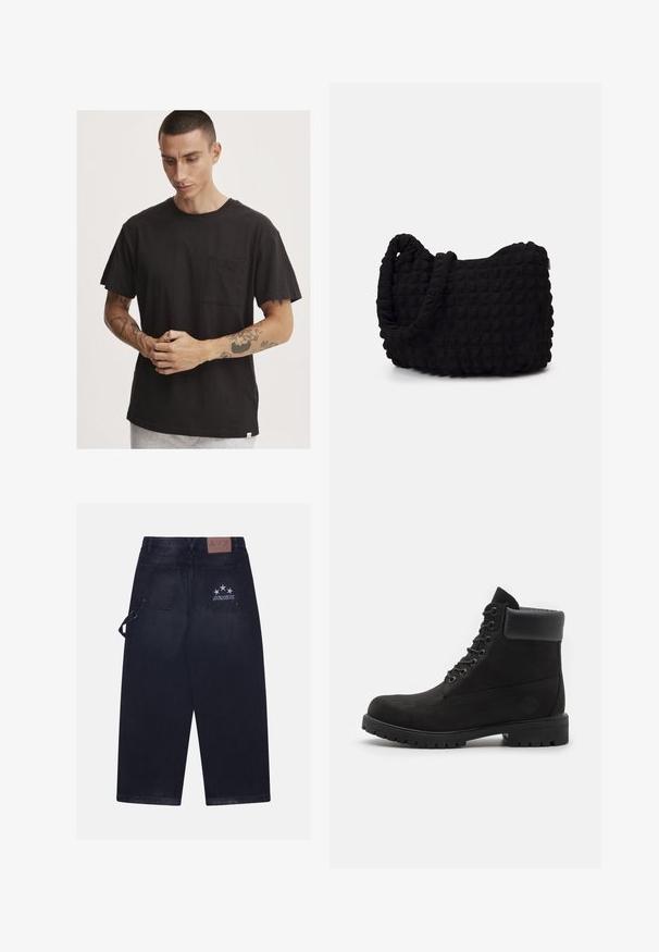 Schwarzes Baumwoll-T-Shirt mit kurzen Ärmeln, Rundhalsausschnitt und Brusttasche. Hat eine lockere Passform und einen rohen Saumdetails.; Dunkelblaue Jeanshose mit lockerer Passform. Verfügt über zwei Gesäßtaschen, ein Lederpatch mit Logo und ein Fünf-Sterne-Design auf einer Tasche.; Schwarze geschnürte Knöchelboots mit gepolstertem Kragen und robustem Profil, im Profil vor einem weißen Hintergrund dargestellt.; Schwarze Stofftasche mit einer strukturierten, gesteppten Oberfläche. Abgerundete Form, kurze, dicke Griffe und eine weiche, flexible Struktur.
