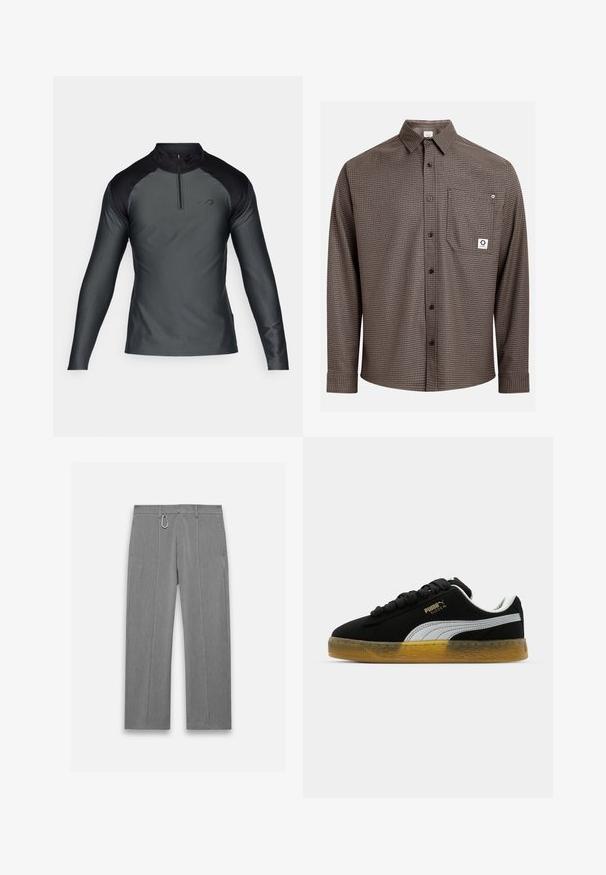 Long-sleeve, dark gray athletic pullover with black shoulders and a front quarter-zip collar on plain white background.; Brown checkered long-sleeve shirt with button-up front, single chest pocket, and logo tag. Soft fabric, standard collar, and button cuffs.; Gray tailored pants with a textured finish. Features a front zipper, side pockets, and a silver hardware accent. Straight-leg design.; Black suede sneaker with white side stripe and gold logo. Features a rubber gum sole with textured pattern. Laces are black and flat.