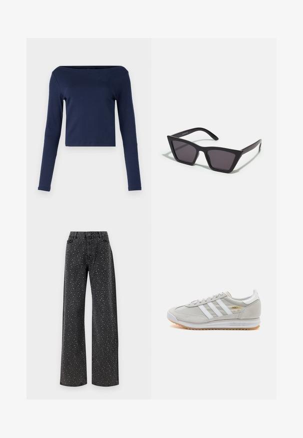 Tamsiai mėlynas ilgos rankovės trumpas viršus, pagamintas iš minkštos medvilnės medžiagos su plačiu iškirpimu ir tiesiu siluetu. Sklandus, lengvas tekstūros.; Noisy May NMJANNEL LOOSE - Laisvo kirpimo džinsai - black denim; Šviesiai pilki sportbačiai, pagaminti iš zomšos ir tinklinės medžiagos, su trimis baltais dryžiais, apvaliu pirštu ir guma padu. Auksinė logotipo detalė šalia raištelių.; Juodos, kampuotos saulės akinios su pilkais stiklais; pagaminti iš plastiko, su storomis šakėmis, turinčiomis lygų paviršių ir be matomų detalių.; Sidabrinės pusmėnulio auskarai minimalistiniu dizainu. Apskritimo forma, lygus paviršius ir plonas profilis. Lengvi su poliruotu apdailu.