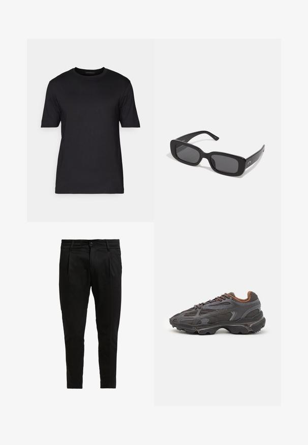 DRYKORN RAPHAEL - Navadna majica - black; Črne hlače iz tkanine, ki imajo raven sprednji del, dve pregibi, zapiranje na en gumb in zasnovo zoženih nog.; Lacoste teniske v temno sivi barvi z mrežasto in sintetično prevleko, s teksturiranim podplatom in rjavimi detajli na ovratniku ter blagovni znamki.; Črne pravokotne sončne očala s temnimi lečami, gladkimi plastičnimi okvirji in širokimi ročaji. Diskretno blagovno znamko na strani.