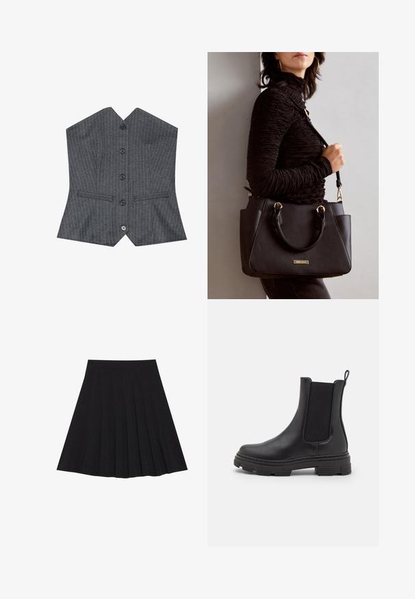 Hall koos mustade triipudega vöötasku, millel on V-kujuline lõige, kuues must nupp ja kaks esist taskut, valminud siledast kangast, millel on struktureeritud lõige.; Must mustriga seelik, millel on tekstureeritud kangas ja kitsas vöökoht. Ulatuv põlveni, omadab sujuvat ja lõputut siluetti.; Must mustelaste kodukinga, millel on elastsed külgpaneelid, ümar varvas ja tekstuuriga kummist välistald. Tagaküljel on mugavuse huvides aas.; Musthave must kott, millel on tekstuurne pind, kaks ülemist käepidet ja reguleeritav õlarihm. Omab kuldse tooni riistu ja külgtaskuid.