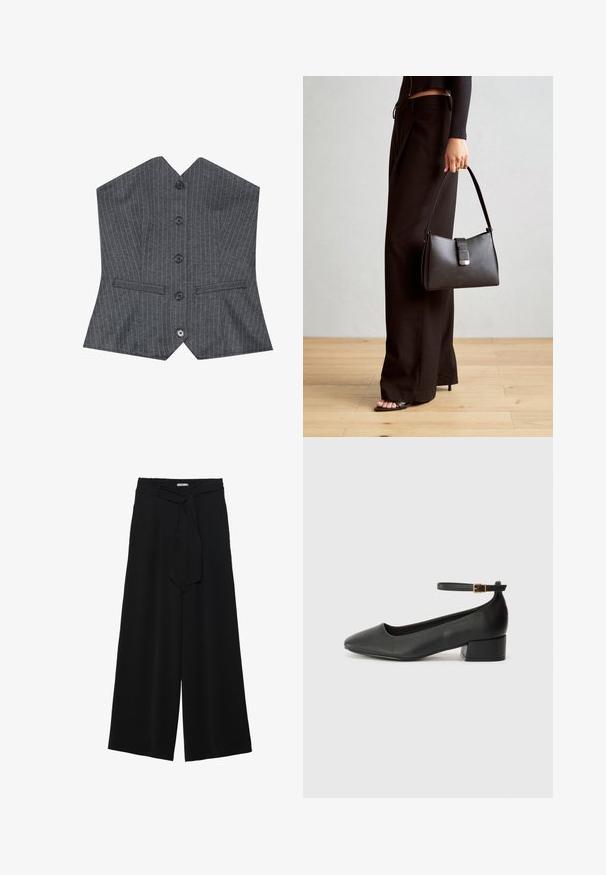 Šedá vesta s proužkem a výstřihem do V, obsahující šest černých knoflíků a dvě přední kapsy, vyrobená z hladkého materiálu se strukturovaným střihem.; Černé kalhoty s širokými nohavicemi, vyrobené z texturované tkaniny, s elastickým pasem a odnímatelným páskem na úpravu velikosti.; Černé kožené lodičky s špičatou špičkou a nízkým blokovým podpatkem. Obsahují pásek kolem kotníku se zlatou sponou. Hladký povrch.; Černá kabelka se strukturovaným tvarem, hladkým povrchem a kovovým uzávěrem. Kombinována s širokými černými kalhotami a sandály s otevřenou špičkou na dřevěné podlaze.