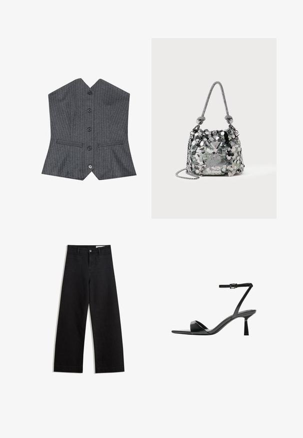 Grau gestreifter Weste mit V-Ausschnitt, ausgestattet mit sechs schwarzen Knöpfen und zwei Fronttaschen, aus glattem Stoff mit strukturierter Passform.; Schwarze weit geschnittene Jeans mit hoher Taille, ausgestattet mit Vorder- und Hintertaschen, gesteppten Nähten und einem Knopfverschluss. Glatte Textur.; Bershka High Heel Sandalette - black; Kleine silberne Handtasche, die mit großen Pailletten bedeckt ist, mit einem geknoteten Griff und einer Kettenriemen, auf der Vorderseite mit dem Guess-Logo.