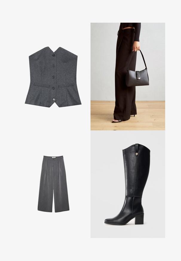 Grå kavajväst med V-ringning, med sex svarta knappar och två framfickor, tillverkad av ett slätt tyg med en strukturerad passform.; Fållade vida byxor i en mörkgrå tyg med en subtil textur. Har en knappstängning och en klassisk midje-design.; Svarta läderstövlar i knähöjd med fyrkantig tå och blockklack. Har en sidoseam och en dekorativ metallaccent upptill.; Svart handväska med strukturerad form, slät yta och metallspänne. Matchad med vida svarta byxor och sandaler med öppen tå på trägolv.