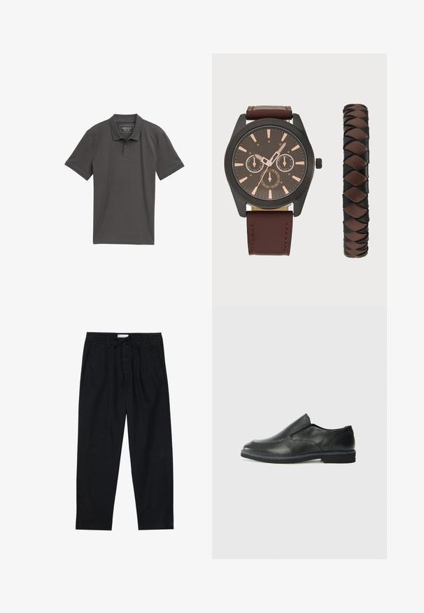 Antracitna siva polo majica iz teksturiranega materiala, z zapenjanjem na tri gumbe, kratkimi rokavi in diskretnim logotipom na prsih.; Pier One Hlače chino - black; Črne usnjene natikače z gladkim zgornjim delom, prišitimi detajli, zaobljenim nosom in nizkim gumijastim petkom. Podplat ima minimalen profil.; Pier One SET - Ura - black/brown