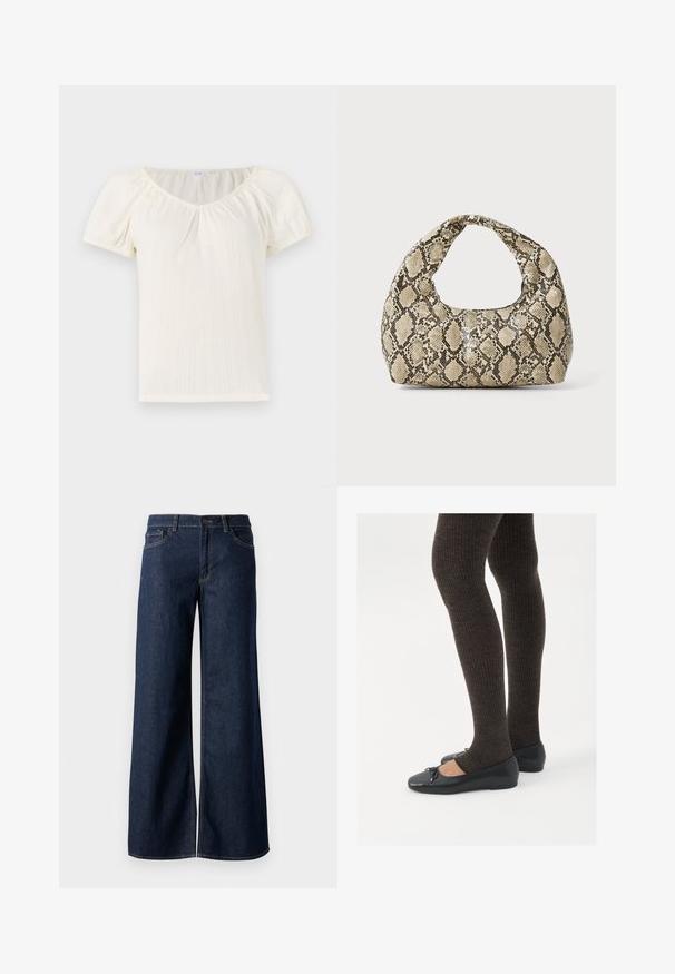 White short-sleeve top featuring a wide scoop neckline, textured vertical ribbing, and puffed sleeves for added detail.; Wide-leg jeans in dark blue denim. Features contrast stitching, five pockets, and a button closure at the waist. Smooth texture.; Black flat shoes with a small bow detail at the toe, paired with dark brown ribbed tights. Shoes have a smooth texture and low profile.; Snake-print handbag with a curved handle. Made from textured, beige and brown materials, featuring a distinctive diamond pattern.