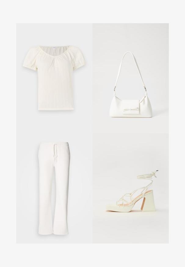 Top branco de manga curta com um decote largo em forma de scoop, textura em ribetes verticais e mangas bufantes para um detalhe adicional.; Calças de fato brancas, de corte descontraído, feitas de um tecido macio, com um cós elástico e um cordão de ajuste, apresentando um design de pernas retas.; Sandálias brancas de salto alto com um salto robusto, apresentando um design com tiras e amarração no tornozelo. Textura suave com uma plataforma na frente para altura adicional.; Mala sintética branca com formato triangular, aba frontal plana e detalhe de laço, alça ajustável, textura suave e design minimalista.