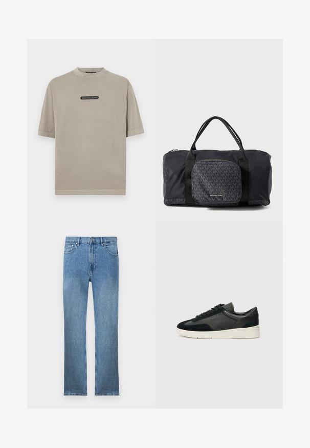 Smėlio spalvos trumpomis rankovėmis marškinėliai, pagaminti iš medvilnės, su apvaliu kaklu ir juodu logotipo pažymėjimu priekyje. Lygi tekstūra ir laisvas kirpimas.; Šviesiai mėlyni džinsai su tiesiu pjūviu, penkiais kišenėmis, užtrauktuku ir kontrastinga siūle. Audinys turi lygų, tekstūrinį paviršių.; Žemi sportbačiai su juodu sukurto veliūro ir tekstūruoto odos deriniu, balta guma padanga ir juodi raišteliai. Šoninėse dalyse subtilus prekės ženklas.; Juodas Michael Kors sportinis krepšys su dviem rankenomis, priekiniu užtrauktuku, puikuojantis kartotiniu MK logotipu ir Michael Kors ženklu.