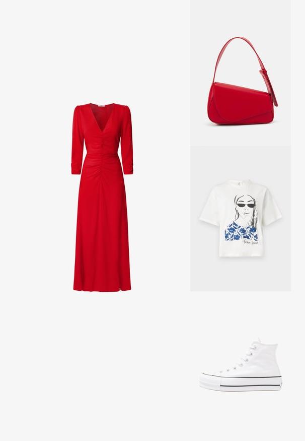 Hvid bomulds t-shirt med et grafisk design af en kvinde med solbriller og blå blomsterakcenter, med teksten "Fashion forward" nedenunder.; Rød kjole med V-udskæring, trekvartlange ærmer og draperet detaljering i livet og på ryggen. Stoffet ser glat og let ud.; Hvide høje kanvas sneakers med sort gummisål, gummitåhætte foran og seks øjehuller til snørebånd, der har et rent, minimalistisk design.; Rød læderhåndtaske med et kantet, geometrisk design. Har en enkelt justerbar rem og en klaplukning med syede detaljer.
