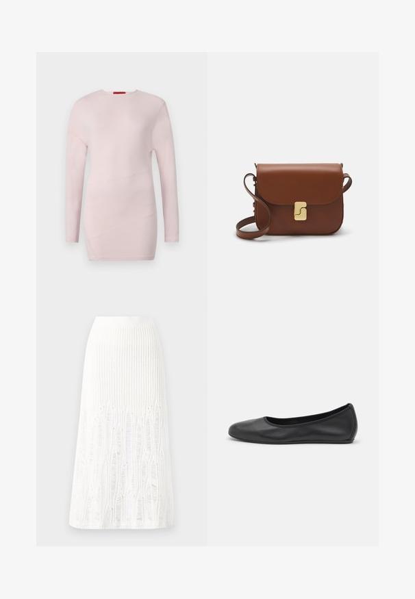 Light pink long-sleeve top with a round neck, featuring diagonal seam details and a smooth texture.; Knit white midi skirt featuring a textured pattern with vertical lines and cut-out details near the hem. Elastic waistband. Soft material.; Black leather ballet flat with a rounded toe, smooth texture, minimal stitching detail, and a flexible sole design.; Brown leather handbag with a flap closure, gold-tone hardware, a shoulder strap, and a smooth texture. Compact rectangular shape.