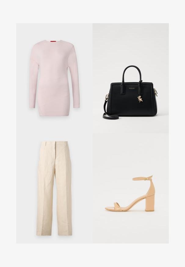 Camisola de manga longa rosa claro com gola redonda, apresentando detalhes de costura diagonal e uma textura suave.; Calças de linho bege com um corte solto, frente plissada e pernas retas. Apresentam uma cintura com passantes para cinto e sem bolsos visíveis.; Sandálias de salto alto em pele envernizada nua com ponta quadrada, tira no tornozelo e salto robusto. Textura suave e detalhes de design minimalistas.; Malinha de couro preta com design estruturado, duas alças superiores, alça de ombro destacável, ferragens douradas e um charme com logótipo como destaque.