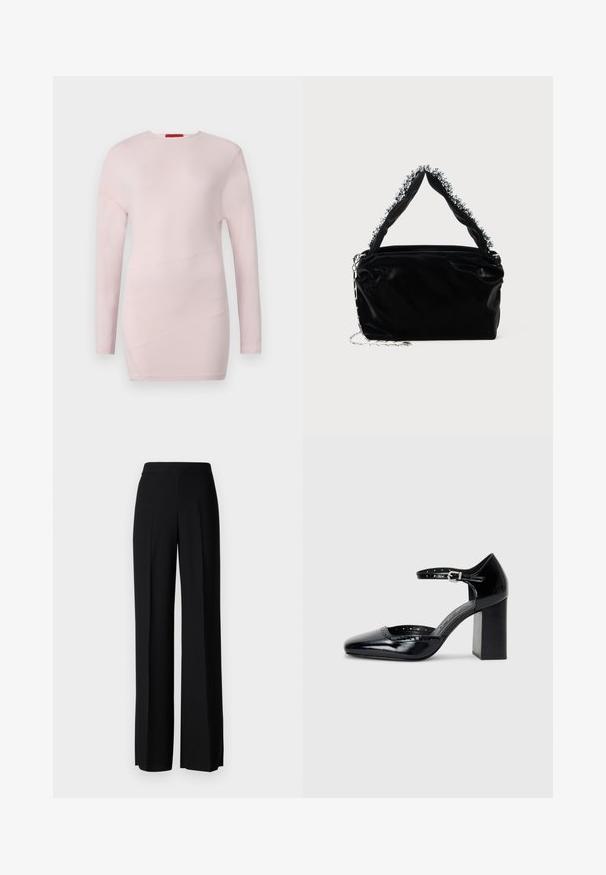 Lys rosa langermet topp med rund hals, med diagonale sømdetaljer og en jevn tekstur.; Sorte vidde bukser med en glatt tekstur, med høy midje og sentrale folder. Ingen synlige mønstre eller maskinvaredetaljer.; Sorte lakk lær høye hæler med firkantet tå, ankelrem og chunky hæl. Inkluderer perforerte detaljer langs kanten.; Svart veske i faux lær med tekstur, med en perlet sølvdetalj langs det øverste håndtaket og en kjede-rem.