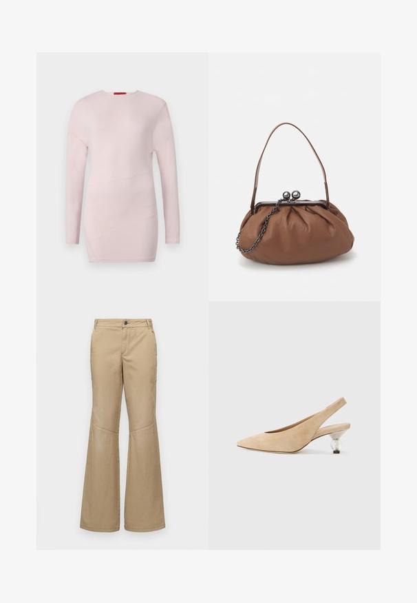 Camisola de manga longa rosa claro com gola redonda, apresentando detalhes de costura diagonal e uma textura suave.; Calças largas bejes com fecho de botão, bolsos frontais e laterais, e detalhes de costura, feitas de um tecido leve e texturizado.; Sapato slingback em camurça bege com bico apontado e um salto arredondado transparente. Textura suave e design minimalista.; Bolsa de mão em couro castanho com um design franzido, uma alça curta em couro e uma alça de corrente. Apresenta um fecho de metal prateado com dois detalhes redondos.