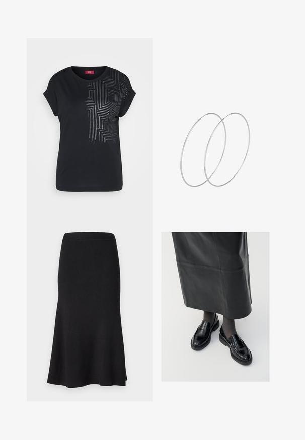 Esprit CVE T - Print T-shirt - black; Black ribbed knit skirt with a fitted waist and flared hem. Smooth texture, knee-length design, featuring an evenly distributed rib pattern.; Black leather loafers with a smooth finish, featuring a decorative strap, round toe, and textured sole. Worn with a long black leather skirt.; Silver hoop earrings with a minimalist design. Circular shape, smooth texture, and thin profile. Lightweight with a polished finish.