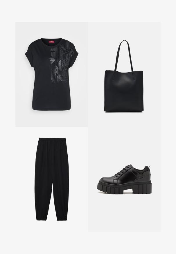 Esprit CVE T - T-shirt imprimé - black; Pantalons noirs légers avec une taille élastique et des chevilles froncées. Le tissu est lisse et présente un design décontracté et fuselé.; Chaussures à plateforme en cuir noir avec un talon bloc épais, bout rond et un design traditionnel à lacets. Elles présentent une texture lisse et un détail minimal.; Sac fourre-tout en cuir noir avec une texture lisse, de forme rectangulaire et deux longues poignées. Pas de matériel ou d'ornementations visibles.