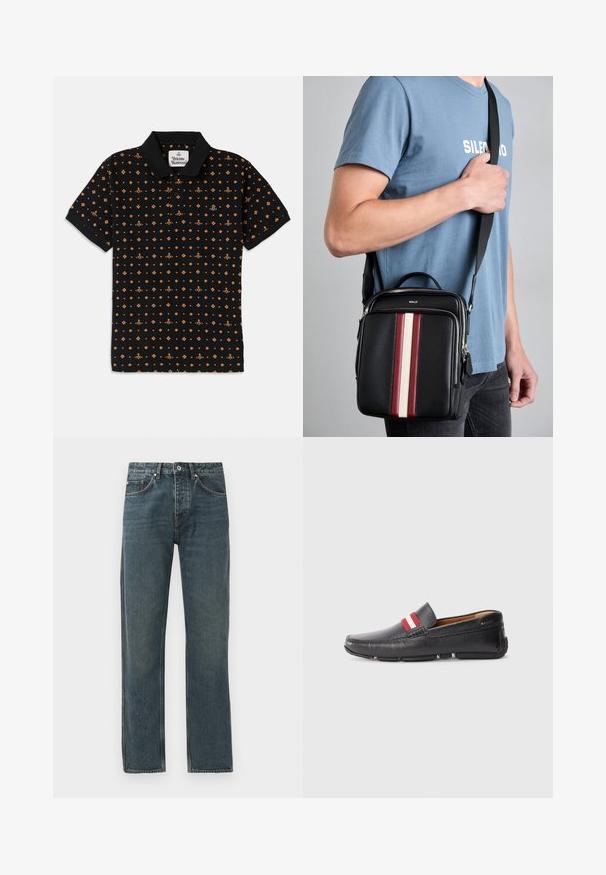 Polo noir avec un motif géométrique orange répétitif. Le matériau est lisse, avec un col classique et une patte de boutonnage à trois boutons.; Jeans en denim bleu foncé avec une coupe droite, dotés de cinq poches, d'une fermeture à bouton et de détails de surpiqûres contrastants.; Chaussure noire en cuir à enfiler avec surface texturée, accent rayé rouge et blanc sur le dessus, bout rond et semelle en caoutchouc.; Sac en bandoulière en cuir noir avec des rayures verticales rouges, blanches et beiges. Équipé d'une poignée en haut et d'une sangle réglable. Fermeture éclair visible.