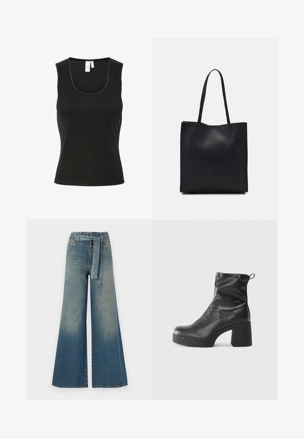 Black sleeveless tank top made of ribbed material, featuring a round neckline and a slim fit design. Minimalistic style with no patterns or accents.; Wide-leg denim trousers featuring a light to dark blue gradient, high waist, belt loops, and a matching fabric belt. Textured denim finish.; Black ankle boots made of smooth leather, featuring a side zipper, chunky textured heel, and rounded toe design.; Black leather tote bag with smooth texture, rectangular shape, and two long handles. No visible hardware or embellishments.