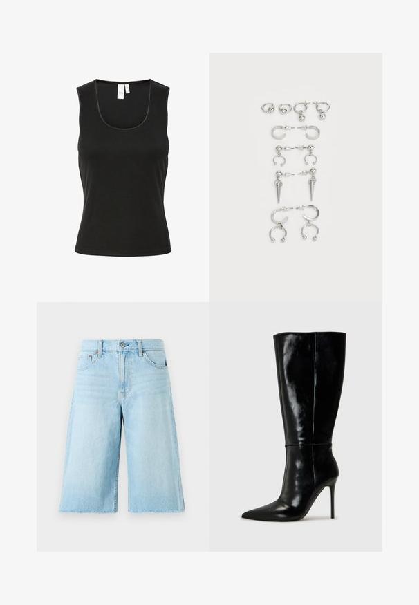 Svart ermeløs tank topp laget av ribbestrikket materiale, med rund hals og slim fit design. Minimalistisk stil uten mønstre eller detaljer.; Lyseblå denimshorts med løs passform, frynset kant, fem lommer og metallbeslag. Klassisk jeansdesign med subtil falming.; Sorte skinnkne-høye støvler med spiss tå og høye stiletthæler. Glatt tekstur og elegant design, med minimal detaljering.; Sett med sølvringer som har forskjellige design: hoops, stift og hengende stiler, med kuleakenter og spisse detaljer.