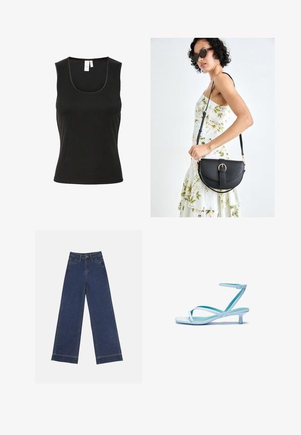 Svart ermeløs tank topp laget av ribbestrikket materiale, med rund hals og slim fit design. Minimalistisk stil uten mønstre eller detaljer.; Videbenede dressbukser i mørkeblå denim. Har fem lommer, beltestropper og en rå kant i bunden med synlige stikninger.; Lys blå sandaler med stroppene, firkantet tå, lav hæl, justerbar ankelrem og glatt, blank overflate. Kryssete stropper på fotsengen.; Svart lærveske med en buet form, avtagbar stropp og gullbeslag. Vesken har et klaff med spenne-detall.