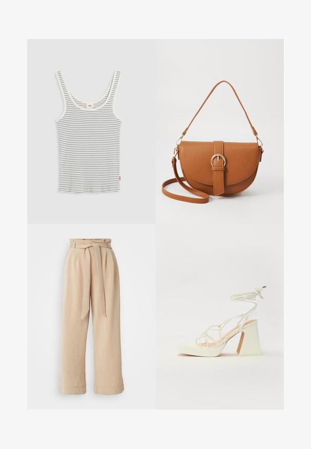 Fehér bordás ujjatlan póló vékony fekete vízszintes csíkokkal és kerek kivágással, világosszürke háttéren kifektetve.; Beige, bőszárú nadrág övvel, textúrált anyagból készült. Elöl redő található, az alsó szél sima kivitelű.; Fehér, magassarkú szandál vastag sarokkal, pántos dizájnnal és bokapánttal. Sima textúra, elülső platformmal a megnövelt magasság érdekében.; Barna bőr keresztbody táska ívelt formával, aranyszínű fémrészekkel és csat díszítéssel. Levehető vállpánttal rendelkezik.