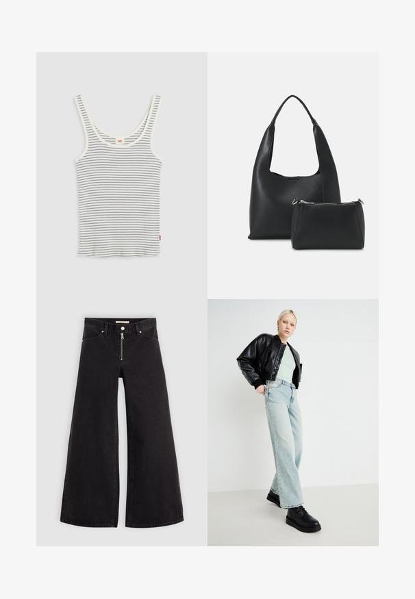 Triibuline tank top valges ja tumesinises, ümmarguse kaeluse, laiade rihmade ja sobiva disainiga, valmistatud kerge puuvillakanga tööst.; Laiad teksad mustast denimist, millel on lukuga eesmine osa, viie taskuga disain ja peened õmblusdetailid. Sile tekstuur ja juhuslik stiil.; Mustast nahast pommijakk, piparmündiroheline särk, helesinised laiad teksad ja mustad nööbitavad kingad, minimaalses taustas.; Even&Odd SET - Käekott - black