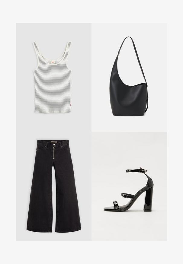 Biały top na ramiączkach z cienkimi czarnymi poziomymi paskami i okrągłym dekoltem, leżący płasko na jasnoszarym tle.; Jeans o szerokich nogawkach w czarnym denienie z zamkiem błyskawicznym z przodu, pięcioma kieszeniami i subtelnymi detalami przeszycia. Gładka tekstura i swobodny styl.; Czarne lakierowane sandały na obcasie z kwadratowym noskiem, z paskami wokół kostki i srebrnymi klamrami. Posiadają masywny słupek dla stabilności.; Czarna skórzana torba hobo o gładkiej fakturze, zaokrąglonym kształcie i pojedynczym, regulowanym pasku; posiada szerokie otwarcie na górze.