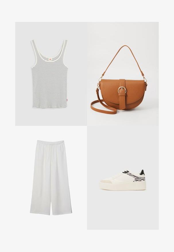 Bela rebrasta majica bez rukava z tankimi črnimi vodoravnimi črtami in krožno izrezanim ovratnikom, položena na svetlo sivo ozadje.; Bele široke hlače iz lahkega materiala, ki imajo elastičen pas in vrvico za prilagajanje. Gladka tekstura.; Even&Odd Športni copati - white/black; Rjava usnjena torbica prek telesa s ukrivljeno obliko, zlate opreme in sponko. Ima odstranljiv naramni trak.