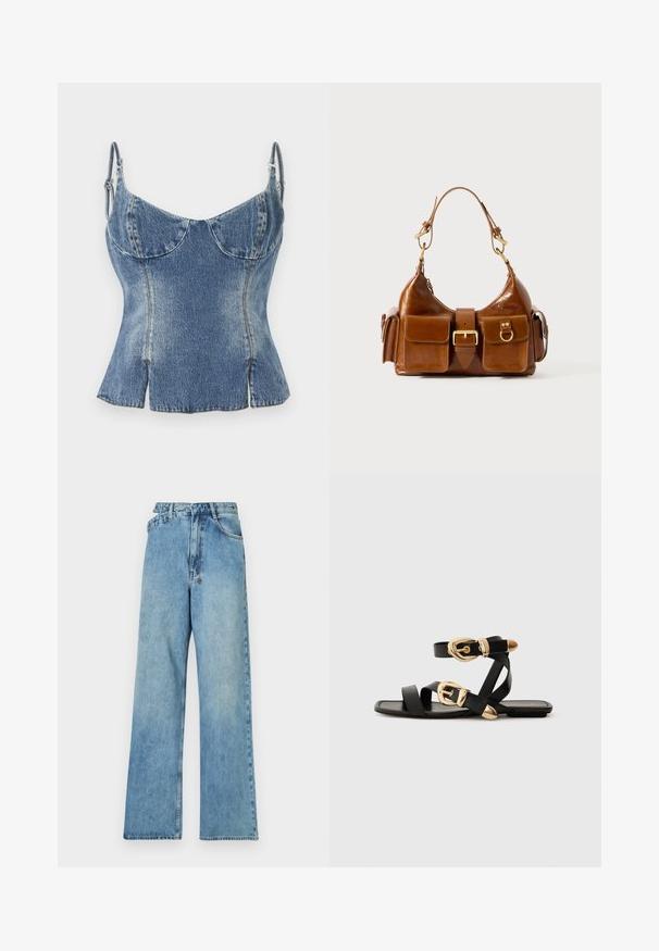 Denim korsettopp med justerbara axelremmar, ljusblå tvätt, strukturerade kupor, utsvängd nederkant och sidofåror för en åtsittande siluett.; Ljusblå denimbyxor med vida ben, midja med medelhög höjd, fem fickor och knappgylf med metalldetaljer och en urtvättad finish.; Svarta lädersandaler med guldspännen, med flera remmar och platt såldesign för öppna tår.; Brun läderhandväska med en rundad form, dubbla detaljer i gyllene ton, två framfickor och ett brett band. Slät textur med en elegant finish.