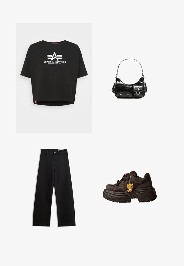 Alpha Industries BASIC - Tričko s potlačou - black; Čierne denimové nohavice s širokými nohavicami a vysokým pásom, so prednými a zadnými vreckami, šitými švami a zapínaním na gombík. Hladká textúra.; Masívne tmavohnedé tenisky s hrubou podrážkou, textúrovaným vrchným materiálom a malým žltým príveskom medvedíka pripevneným k šnúrkam.; Čierna laková kožená kabelka s ohnutým tvarom, jedným ramenným popruhom, prednými vreckami a striebornými kovovými doplnkami.