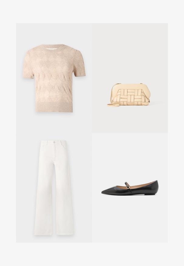 AERON SONIA SHORT SLEEVED - Paprasti marškinėliai - hay; Balsviesti, aukštu liemeniu plačiakelnės džinsinės kelnės. Jos turi mygtukų užsegimą, dvi priekinės kišenes ir siūlams su siuvinėtojais.; Juodos odinės baleto bateliai su smailiu pirštu ir šoniniu dirželiu, papuoštu apvaliu auksiniu akcentu. Lengvi su plokščiu padu.; Austintais bežinis rankinukas su struktūrizuotu dizainu, turintis lygią viršutinę dalį ir ilgas diržas. Tekstūruoti elementai pagerina bendrą išvaizdą.