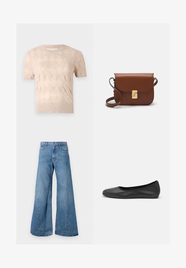 AERON SONIA SHORT SLEEVED - Lihtne T-särk - hay; Laiad sinised denimpüksid kõrge vöökohtadega, klassikalise viie taskuga stiiliga ning kerge pleekimise detailidega, et lisada tekstuuri.; Musthave mustika tantsutossud mustast nahast, ümmarguse varbaga, siledast tekstuurist, minimaalse õmblusdetailiga ja paindliku tallakujundusega.; Pruunist nahast käekott, millel on klapiga sulgur, kuldne riistvara, õlarihm ja sile tekstuur. Kompaktne ristkülikukujuline vorm.