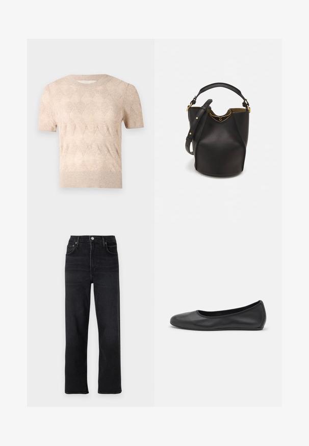 AERON SONIA SHORT SLEEVED - Paprasti marškinėliai - hay; Juodos tiesios kojos džinsai, pagaminti iš džinsinio audinio. Savybės: penki kišenės, sagtys ir užtrauktukas, subtalūs siuvinėjimo detalės.; Juodai odiniai baletai su apvaliu pirštu, lygi texture, minimalus siuvimo detales ir lanksčiu padų dizainu.; Juodas odinis kibiro tipo krepšys su tekstūruotu paviršiumi, auksiniais detalėmis ir atvira viršūne. Yra trumpa rankena ir reguliuojama petneša.