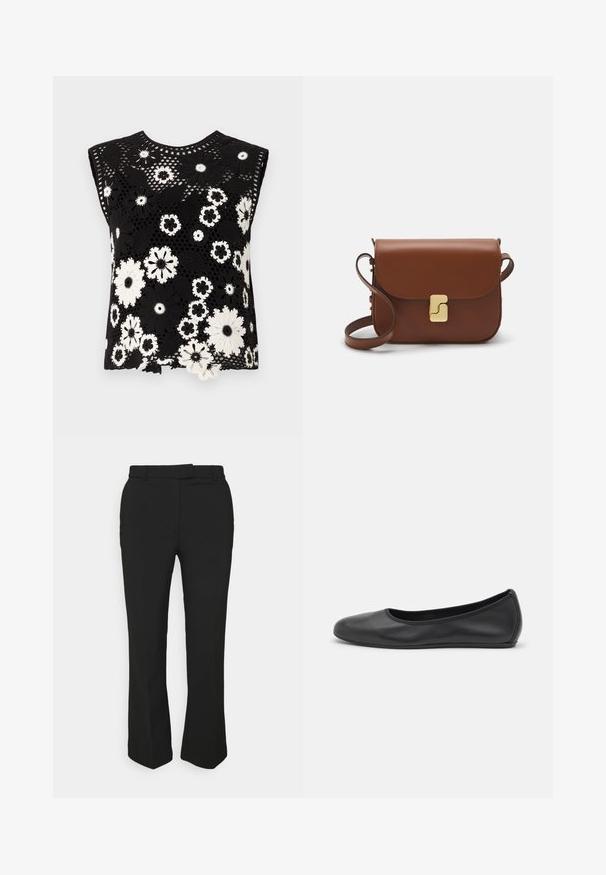 Czarny bezrękawnik z białym wzorem szydełkowym w kwiaty, posiadający teksturowaną powierzchnię oraz okrągły dekolt.; Czarne, dopasowane spodnie o prostym kroju, z pętelkami na pasek i kieszeniami po bokach. Wykonane z gładkiego materiału o czystym wykończeniu.; Czarne skórzane baletki z zaokrąglonym noskiem, gładką fakturą, minimalnymi przeszyciami i elastycznym designem podeszwy.; Brązowa skórzana torebka na ramię z klapką, złotymi detalami, paskiem na ramię i gładką teksturą. Kompaktowy prostokątny kształt.