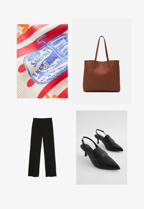 Next REGULAR FIT - RACER TANK SLEEVELESS - Felső - white red; Fekete, bő szárú nadrág sima anyagból, melynek kényelmes derékrésze és diszkrét elülső redők adnak extra textúrát.; Fekete bőr slingback magassarkúk hegyes orral, széles elülső pánttal és ezüst színű fém részletekkel. Strukturált felület, közepes sarokmagasság.; Barna bőr vászontáska sima textúrával, nyitott tetejű dizájnnal és két vállpánttal. Minimális varrással és látható hardver nélkül készült.