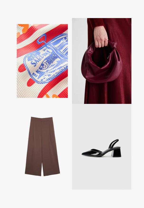 Next REGULAR FIT - RACER TANK SLEEVELESS - Top - white red; Pantaloni ampi marroni con una texture liscia, caratterizzati da una vita alta e pieghe frontali. Il tessuto è leggero e scorre liberamente.; Décolleté in vernice nera con punta affusolata e tacco in geometria cubica. Presentano un design elegante e minimalista, con una texture liscia.; Borsa in pelle bordeaux con un design morbido e arricciato e una forma arrotondata. Il manico è fissato, mostrando una texture liscia.