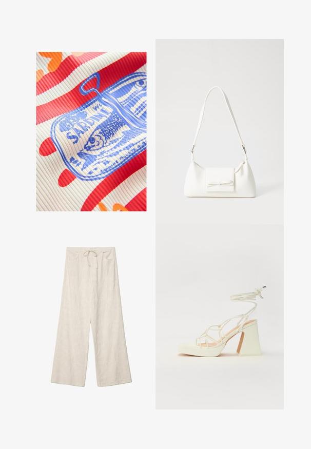 Next REGULAR FIT biały; Spodnie o szerokich nogawkach w jasnym kremowym kolorze, z teksturowanym wzorem kwiatowym, elastycznym paskiem w talii oraz kieszeniami z przodu.; Biała sandał na wysokim obcasie z masywnym słupkiem, z paskowym wzorem i wiązaniem przy kostce. Gładka faktura z platformą z przodu dla dodatkowej wysokości.; Biała syntetyczna torba o trójkątnym kształcie, płaskim przednim klapce i detalach w postaci kokardy, regulowanym pasku, gładkiej fakturze oraz minimalistycznym designie.