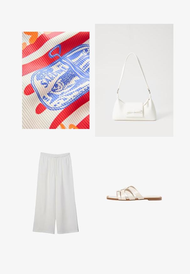 Next REGULAR FIT - RACER TANK SLEEVELESS - Top - white red; Hvide vidde bukser lavet af letvægtsstof, med en elastisk talje og snøre for justerbar pasform. Glat tekstur.; Flade sandaler med en lys gummisål, designet med tre overlappende hvide læderremme og en lille sløjfe detalje i midten.; Hvid syntetisk håndtaske med en trekantet form, flad forsideklap og sløjfedetalje, justerbar strop, glat tekstur og minimalistisk design.